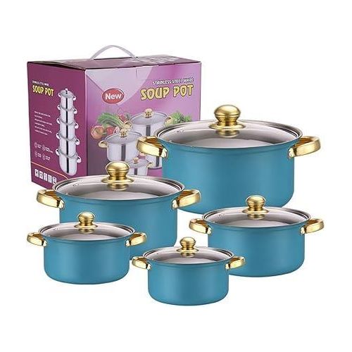 Set of 10 pieces of cookware, double-handled stainless steel